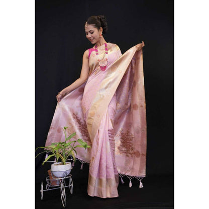 Isadora Life Womens Woven Zari Pink Pre-Draped Saree with Unstitched Blouse