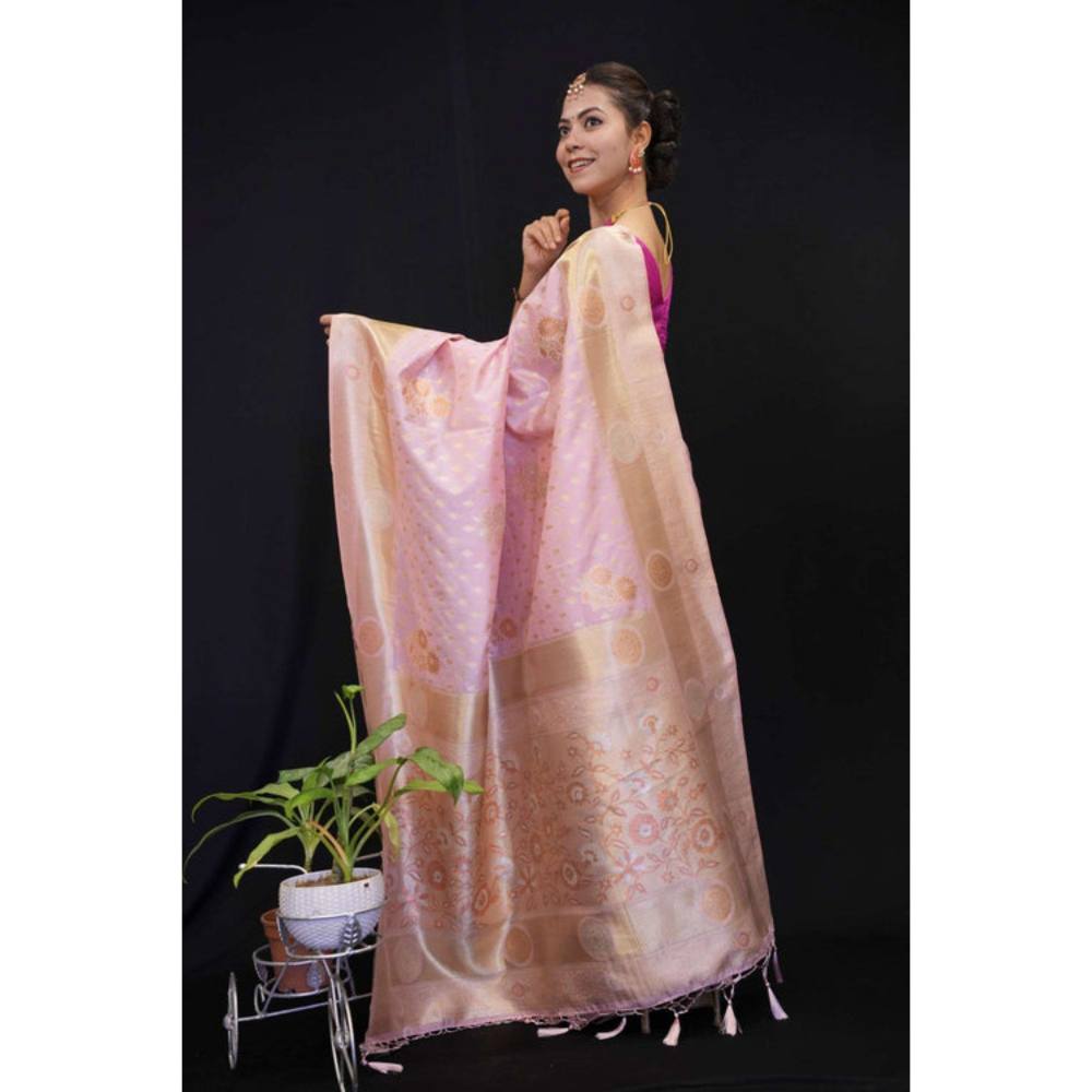 Isadora Life Womens Woven Zari Pink Pre-Draped Saree with Unstitched Blouse