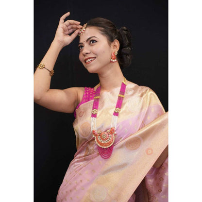Isadora Life Womens Woven Zari Pink Pre-Draped Saree with Unstitched Blouse