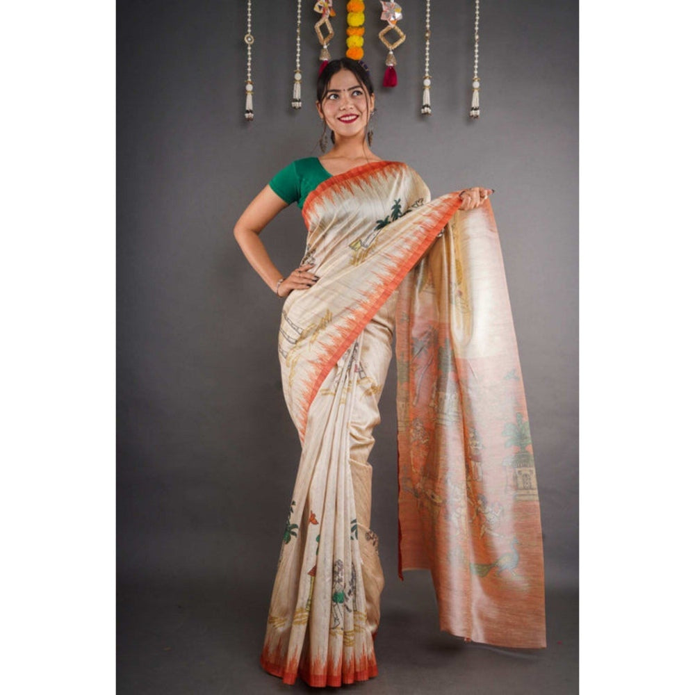 Isadora Life Womens Printed Beige Pre-Draped Saree with Unstitched Blouse