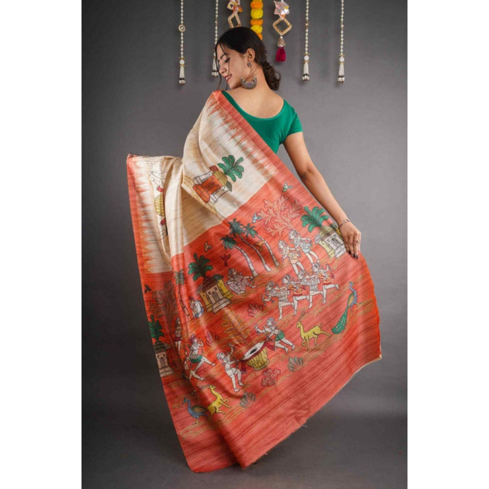 Isadora Life Womens Printed Beige Pre-Draped Saree with Unstitched Blouse