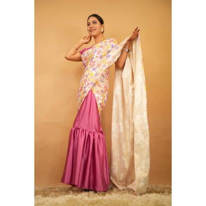 Isadora Life Womens Floral Printed Pink Pre-Draped Saree with Unstitched Blouse