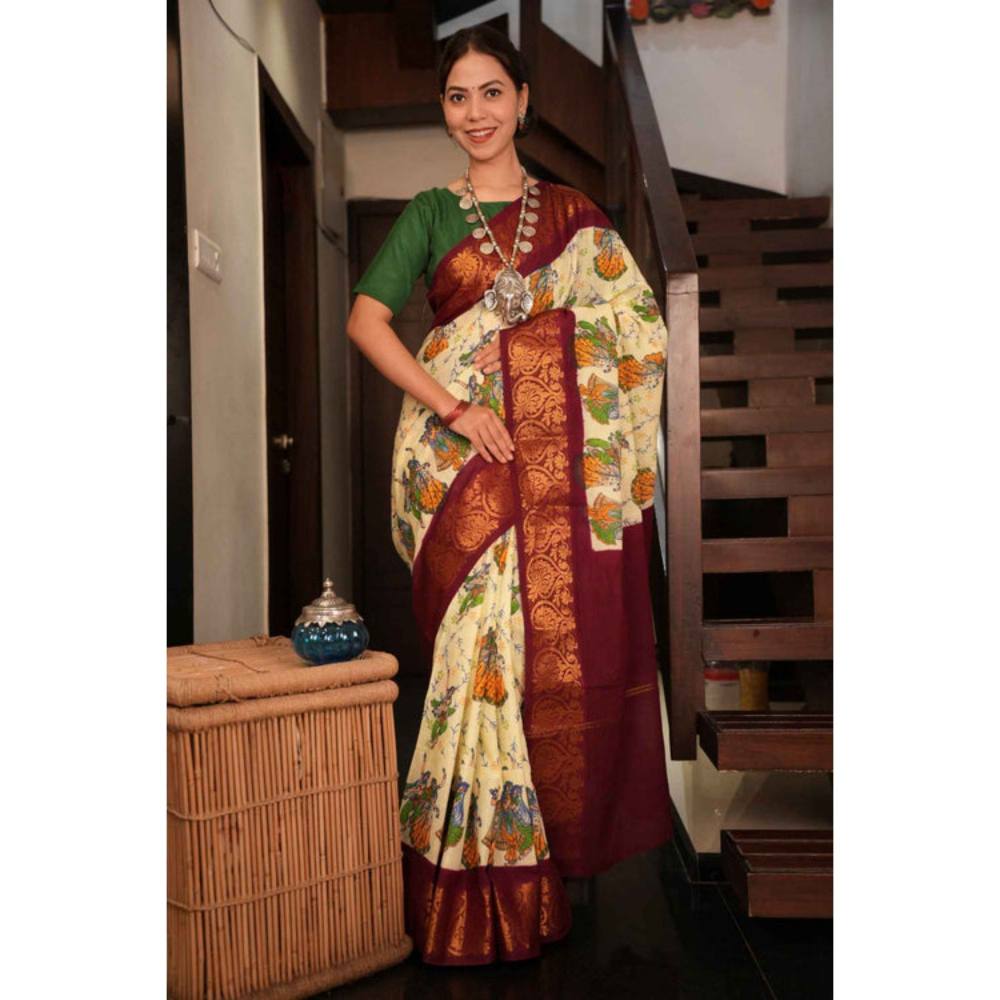 Isadora Life Womens Floral Printed Cream Pre-Draped Saree with Unstitched Blouse