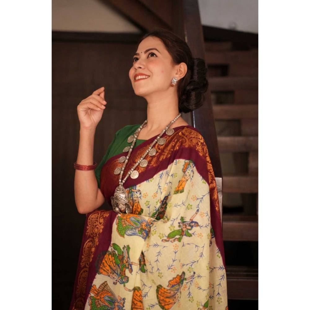 Isadora Life Womens Floral Printed Cream Pre-Draped Saree with Unstitched Blouse
