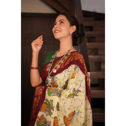 Isadora Life Womens Floral Printed Cream Pre-Draped Saree with Unstitched Blouse