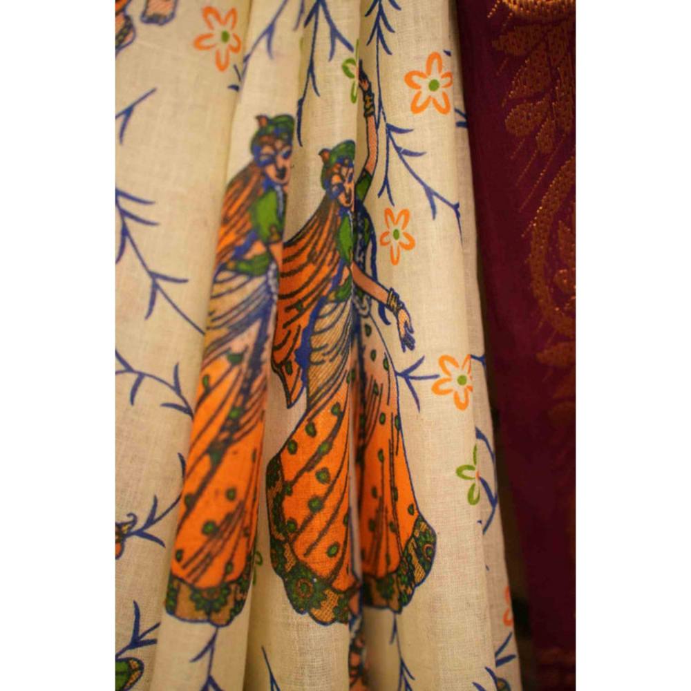 Isadora Life Womens Floral Printed Cream Pre-Draped Saree with Unstitched Blouse