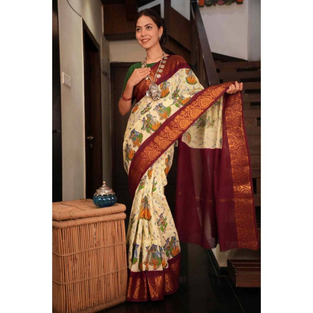 Isadora Life Womens Floral Printed Cream Pre-Draped Saree with Unstitched Blouse