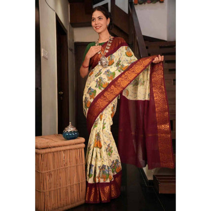 Isadora Life Womens Floral Printed Cream Pre-Draped Saree with Unstitched Blouse