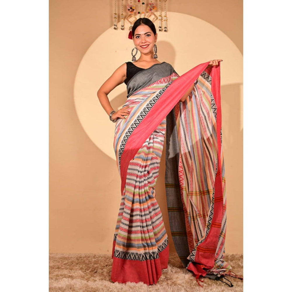 Isadora Life Womens Striped Printed Multi-Color Pre-Draped Saree with Unstitched Blouse