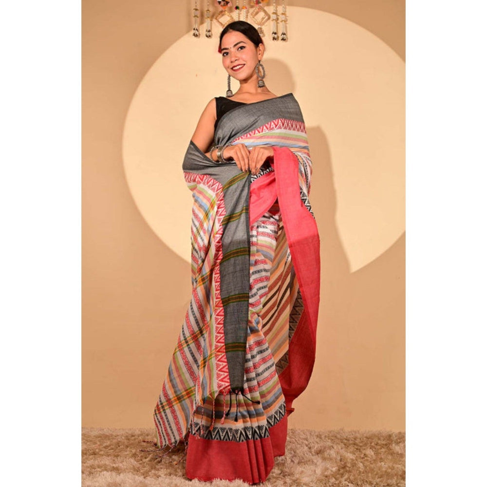 Isadora Life Womens Striped Printed Multi-Color Pre-Draped Saree with Unstitched Blouse