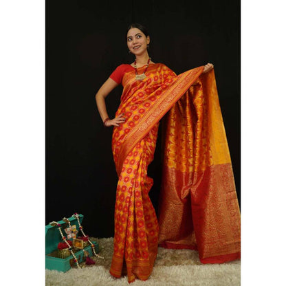 Isadora Life Womens Printed Orange Pre-Draped Saree with Unstitched Blouse