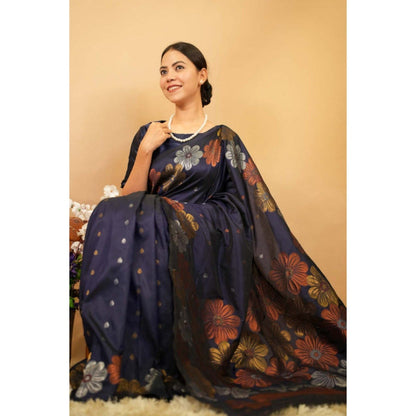 Isadora Life Womens Floral Woven Navy Blue Pre-Draped Saree with Unstitched Blouse