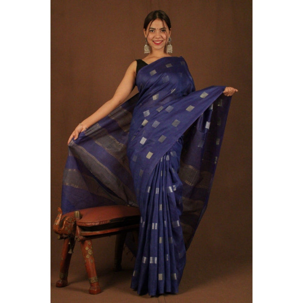Isadora Life Womens Woven Zari Navy Blue Pre-Draped Saree with Unstitched Blouse