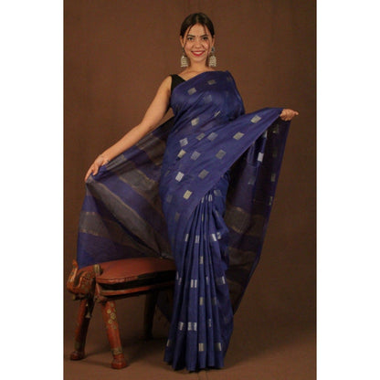 Isadora Life Womens Woven Zari Navy Blue Pre-Draped Saree with Unstitched Blouse