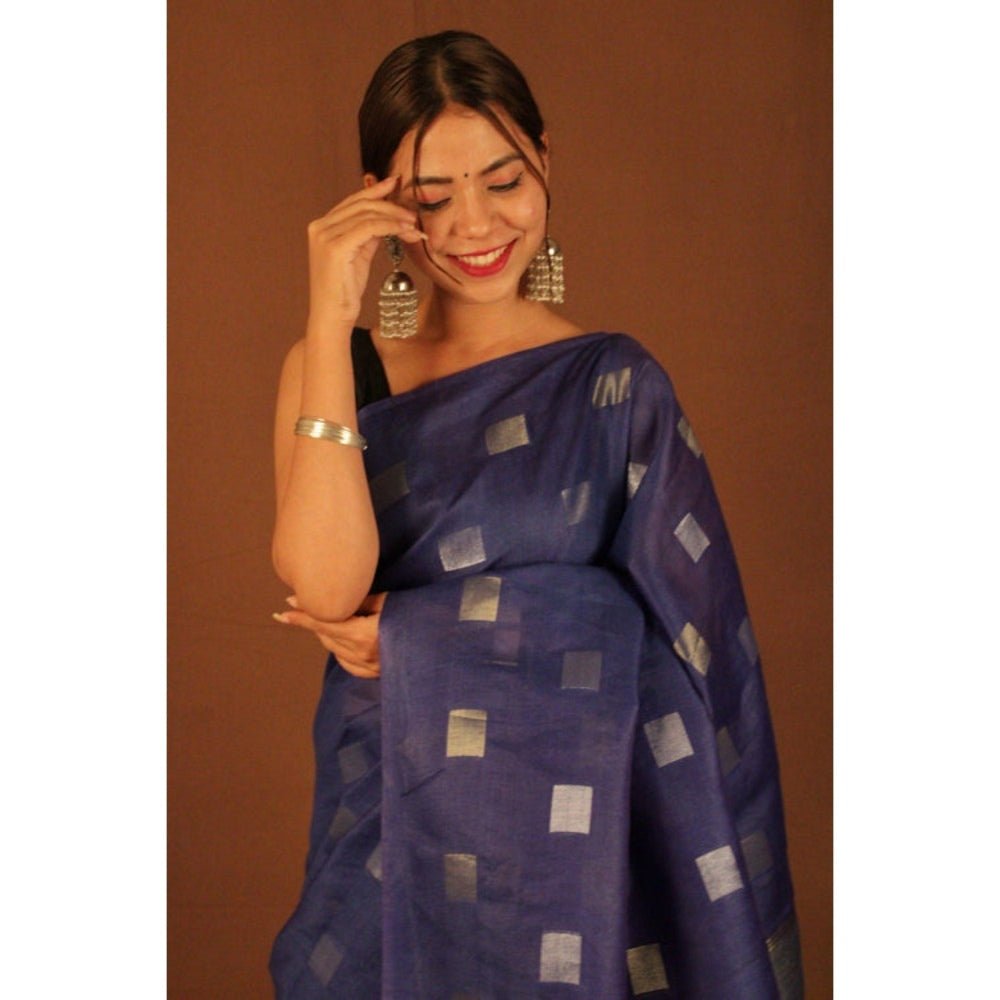 Isadora Life Womens Woven Zari Navy Blue Pre-Draped Saree with Unstitched Blouse