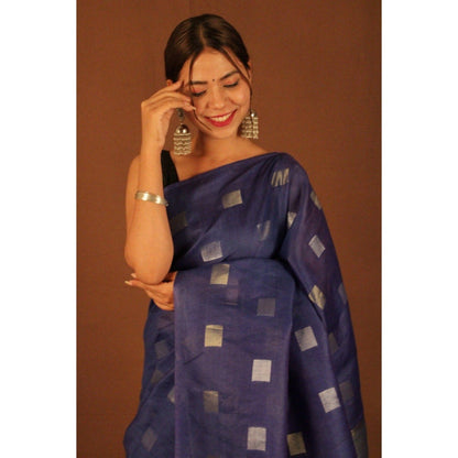 Isadora Life Womens Woven Zari Navy Blue Pre-Draped Saree with Unstitched Blouse