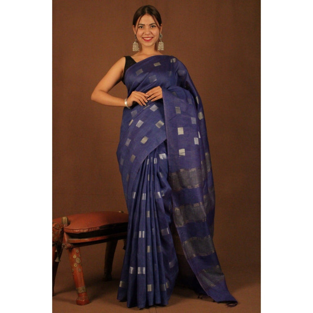 Isadora Life Womens Woven Zari Navy Blue Pre-Draped Saree with Unstitched Blouse