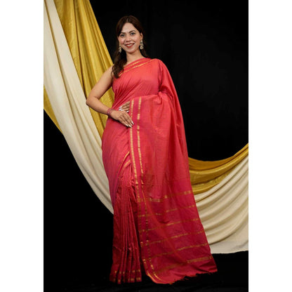 Isadora Life Red Checks Pre-draped Saree With Unstitched Blouse