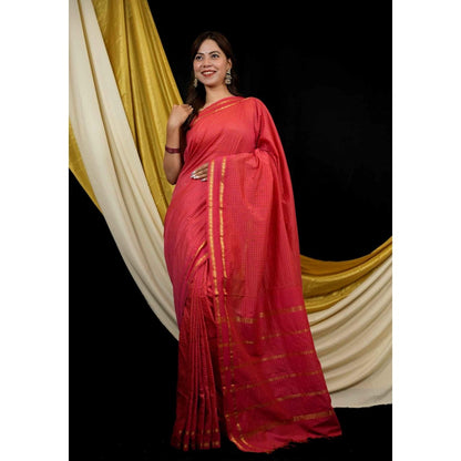 Isadora Life Red Checks Pre-draped Saree With Unstitched Blouse