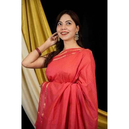 Isadora Life Red Checks Pre-draped Saree With Unstitched Blouse