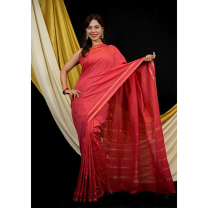 Isadora Life Red Checks Pre-draped Saree With Unstitched Blouse