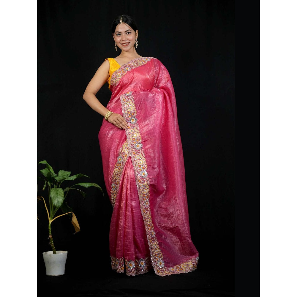 Isadora Life Pink Floral Pre-draped Saree With Unstitched Blouse