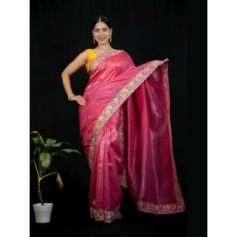 Isadora Life Pink Floral Pre-draped Saree With Unstitched Blouse