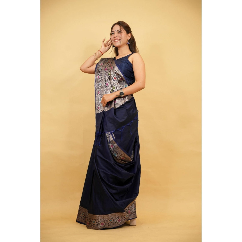 Isadora Life Blue Woven Pre-draped Saree With Unstitched Blouse
