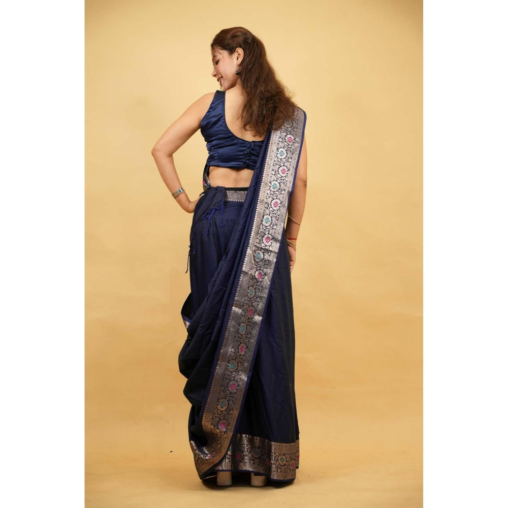Isadora Life Blue Woven Pre-draped Saree With Unstitched Blouse