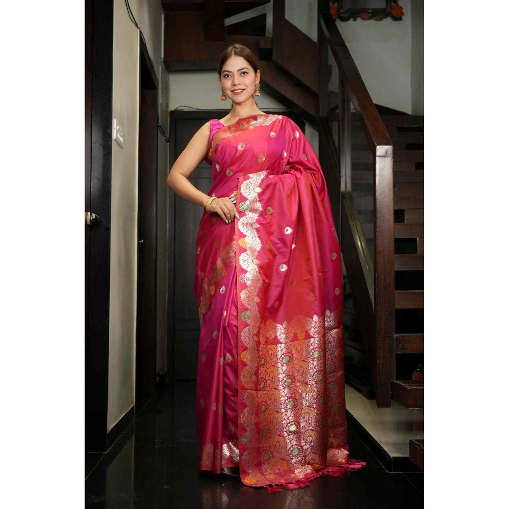 Isadora Life Red Solid/Plain Pre-draped Saree With Unstitched Blouse