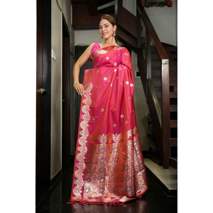 Isadora Life Red Solid/Plain Pre-draped Saree With Unstitched Blouse