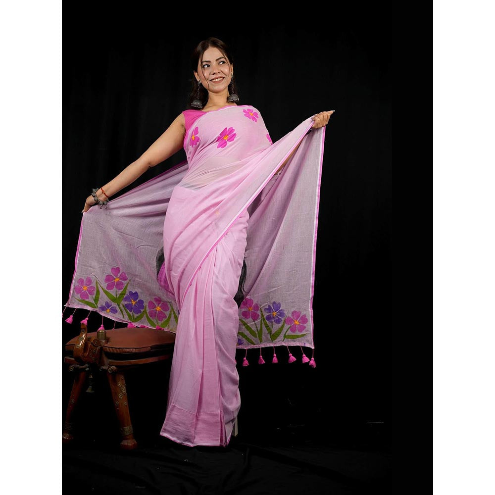Isadora Life Purple Floral Pre-draped Saree With Unstitched Blouse