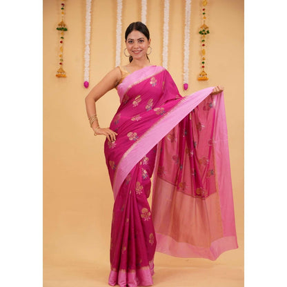Isadora Life Pink Floral Pre-draped Saree With Unstitched Blouse