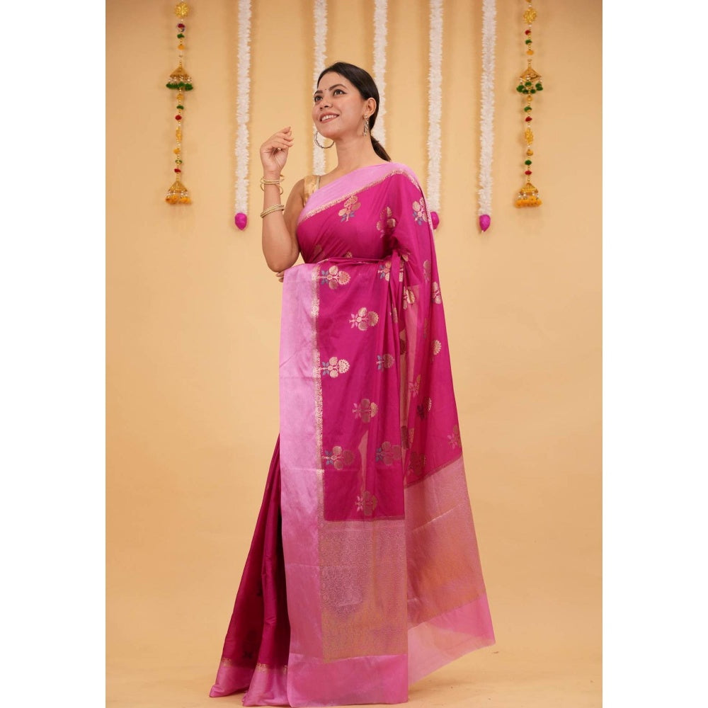 Isadora Life Pink Floral Pre-draped Saree With Unstitched Blouse