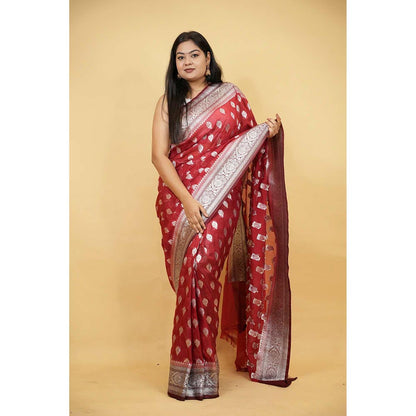 Isadora Life Red Woven Pre-Draped Saree with Unstitched Blouse