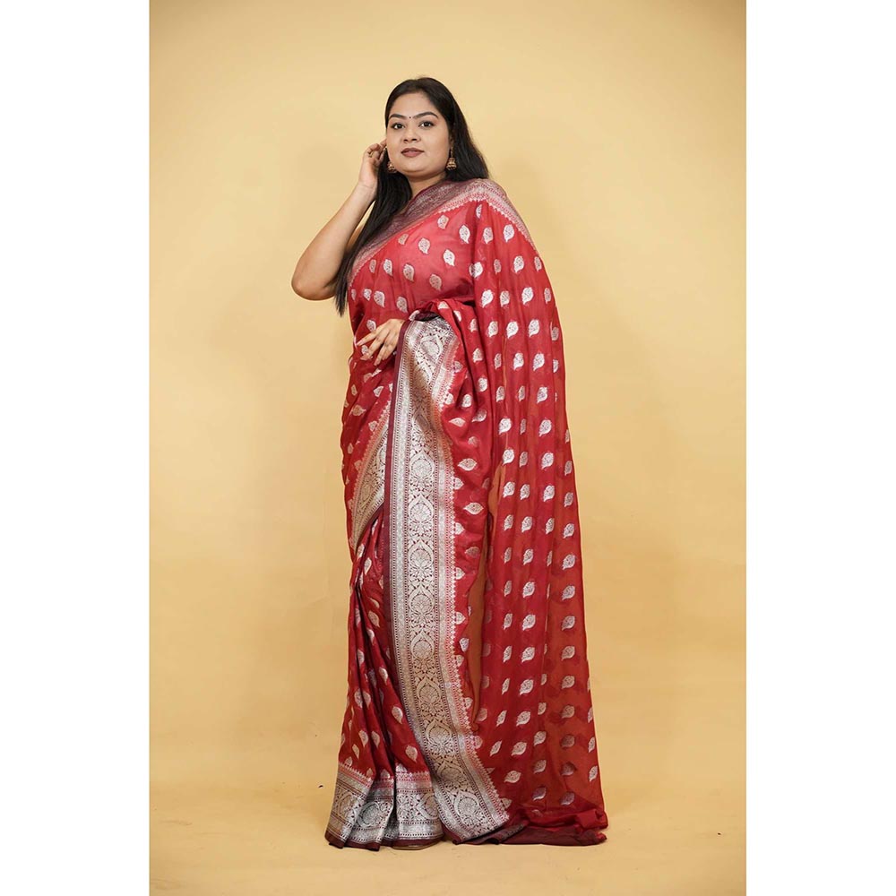 Isadora Life Red Woven Pre-Draped Saree with Unstitched Blouse