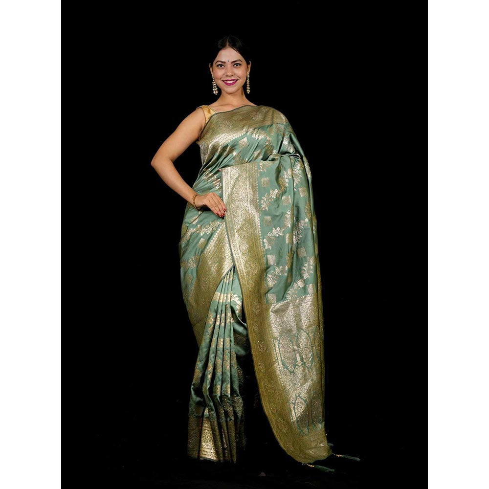 Isadora Life Green Woven Pre-Draped Saree with Unstitched Blouse