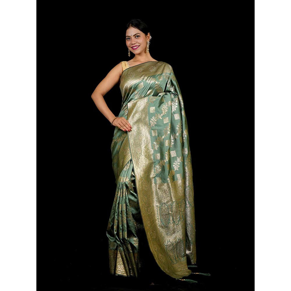 Isadora Life Green Woven Pre-Draped Saree with Unstitched Blouse