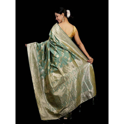 Isadora Life Green Woven Pre-Draped Saree with Unstitched Blouse