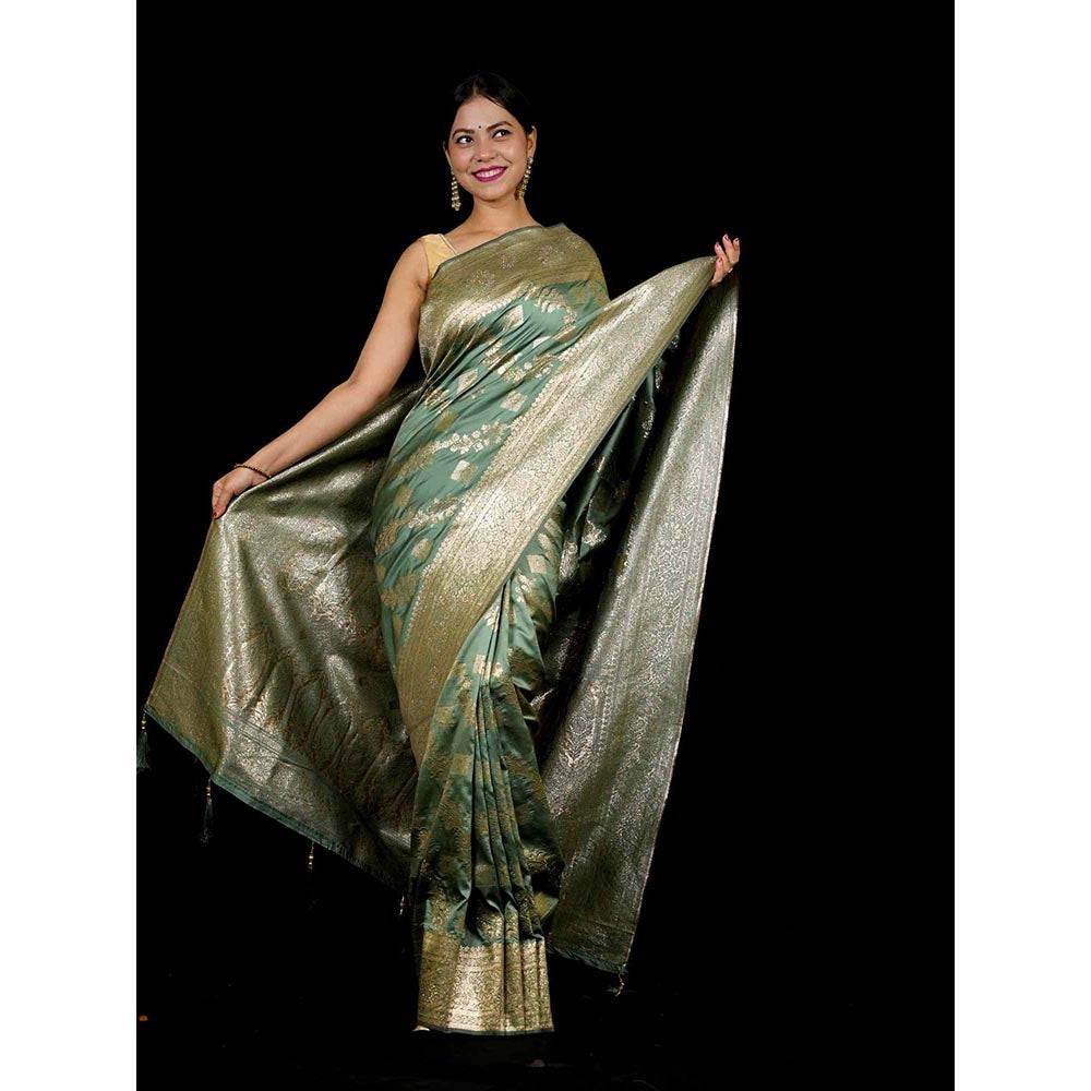 Isadora Life Green Woven Pre-Draped Saree with Unstitched Blouse