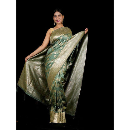 Isadora Life Green Woven Pre-Draped Saree with Unstitched Blouse