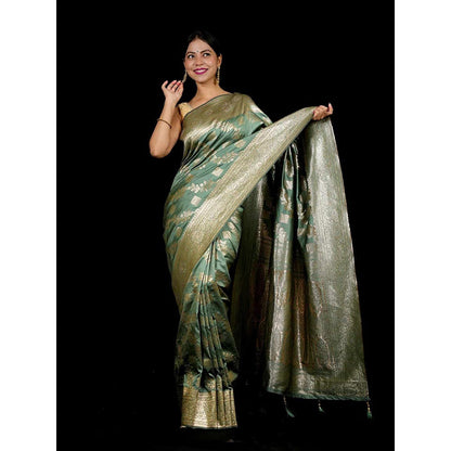 Isadora Life Green Woven Pre-Draped Saree with Unstitched Blouse