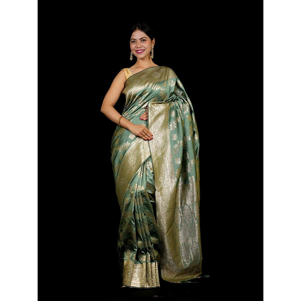 Isadora Life Green Woven Pre-Draped Saree with Unstitched Blouse