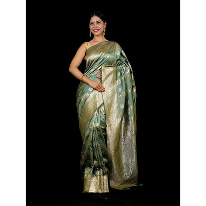 Isadora Life Green Woven Pre-Draped Saree with Unstitched Blouse