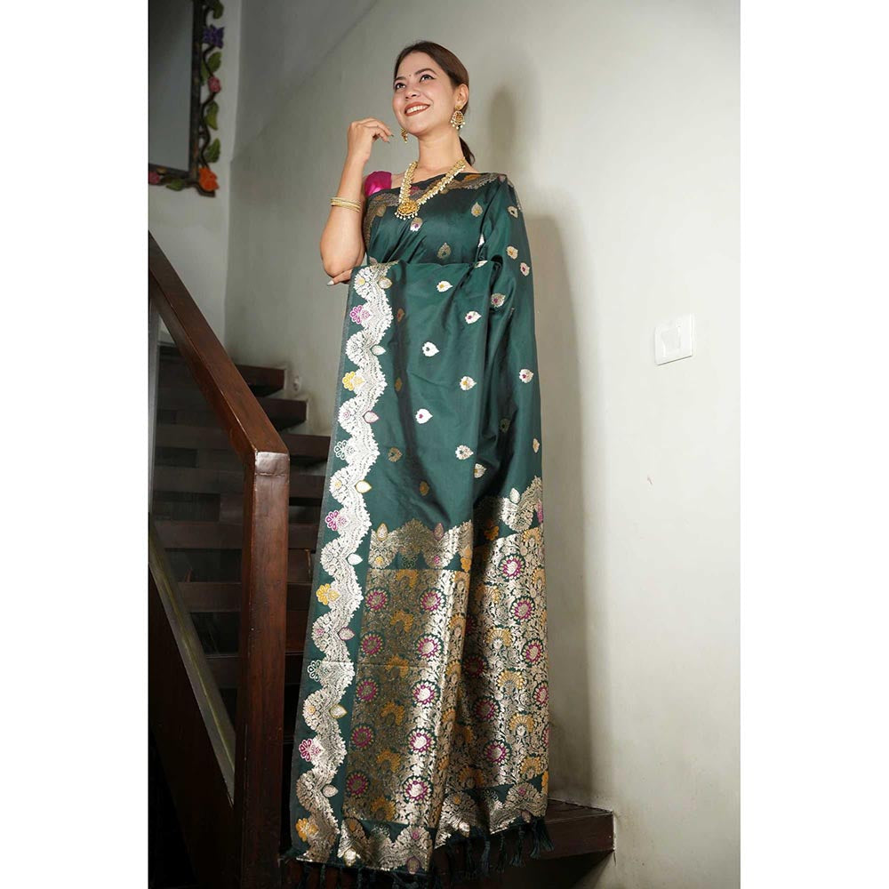 Isadora Life Green Woven Pre-Draped Saree with Unstitched Blouse