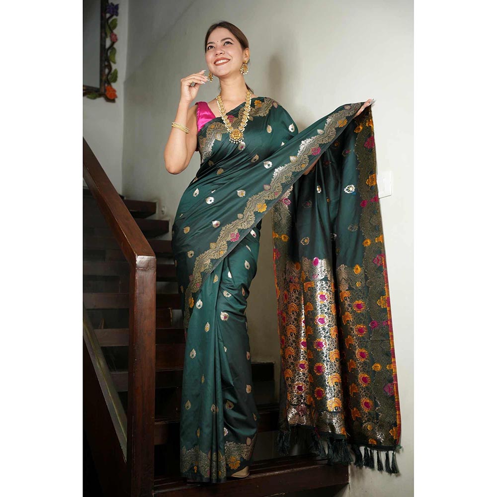 Isadora Life Green Woven Pre-Draped Saree with Unstitched Blouse