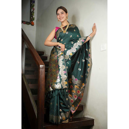 Isadora Life Green Woven Pre-Draped Saree with Unstitched Blouse