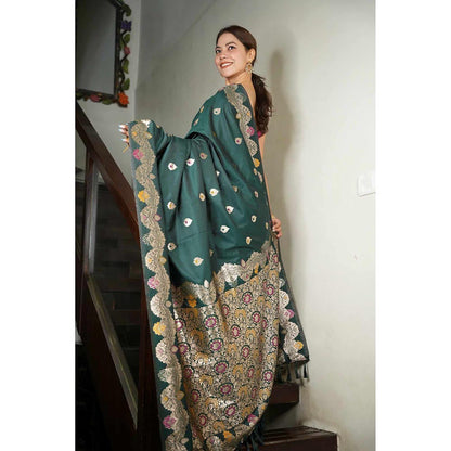 Isadora Life Green Woven Pre-Draped Saree with Unstitched Blouse