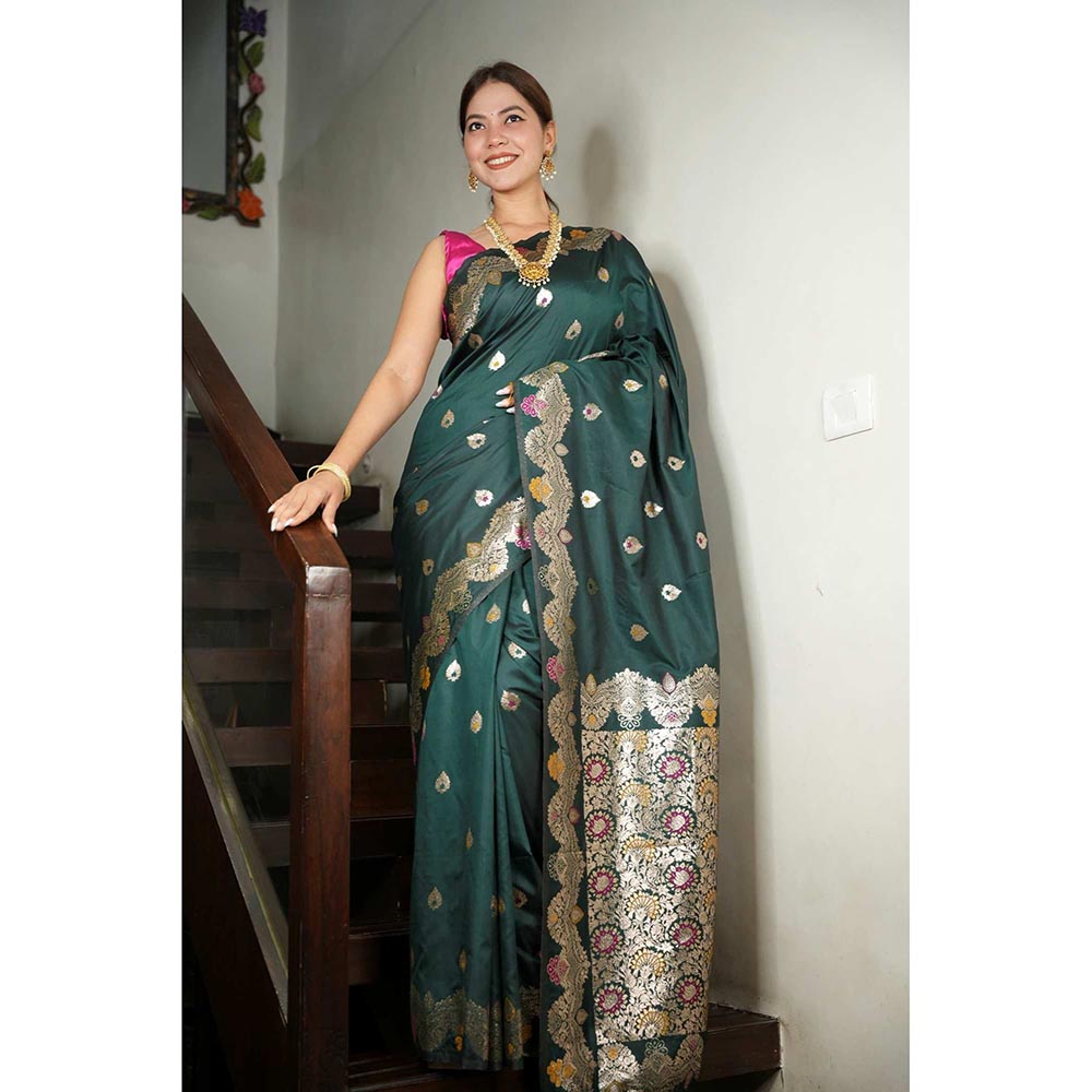 Isadora Life Green Woven Pre-Draped Saree with Unstitched Blouse