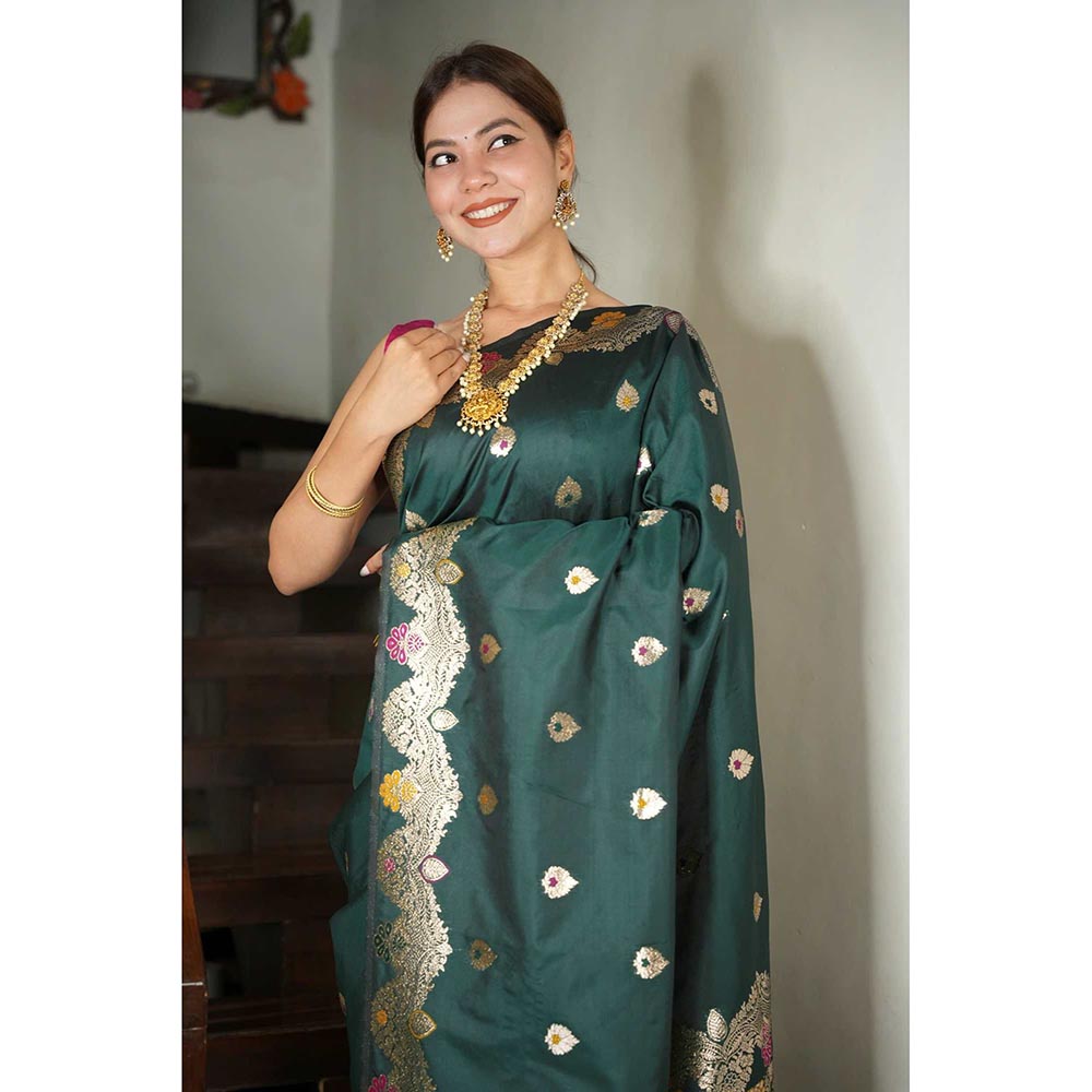 Isadora Life Green Woven Pre-Draped Saree with Unstitched Blouse
